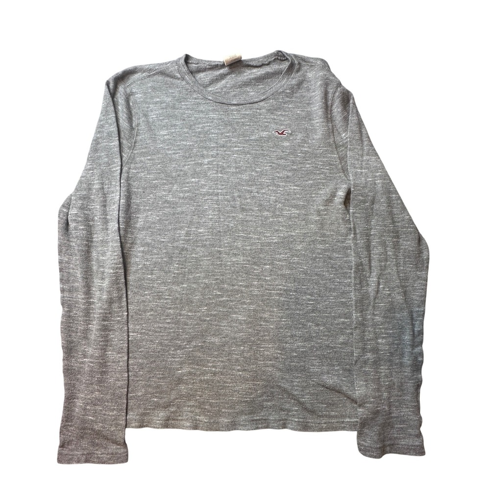 Hollister T-Shirt Mens M Grey‎ Long Sleeve Marl Crew Neck Logo Cotton Blend Knit